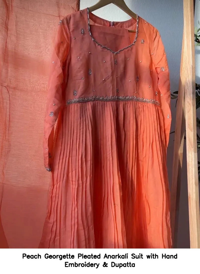 Peach Georgette Pleated Anarkali Suit with Hand Embroidery & Dupatta