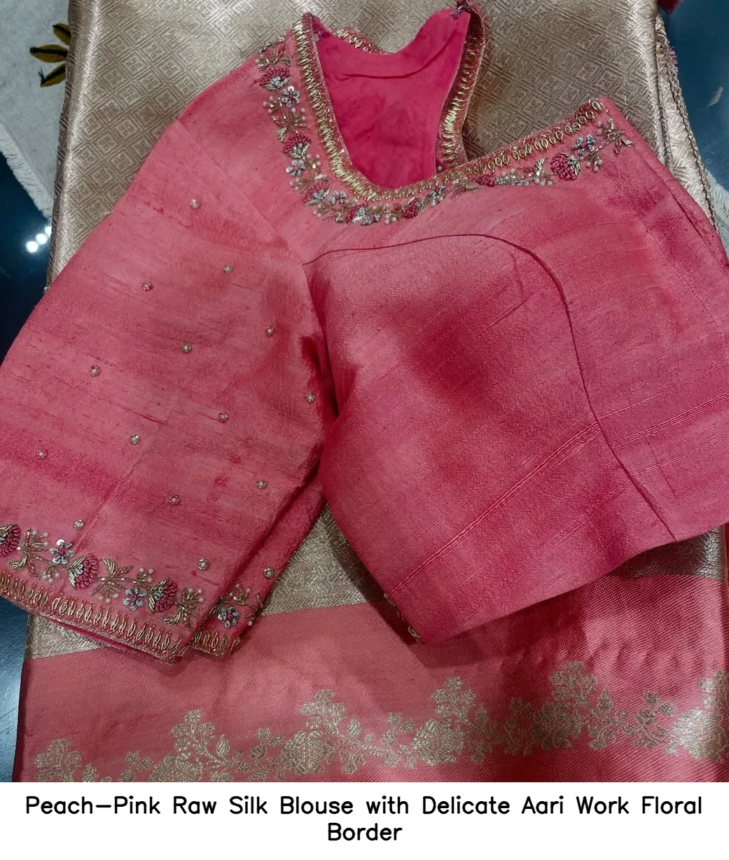 Peach-Pink Raw Silk Blouse with Delicate Aari Work Floral Border