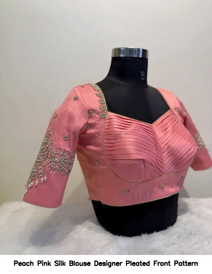 Peach Pink Silk Blouse – Designer Pleated Front Pattern