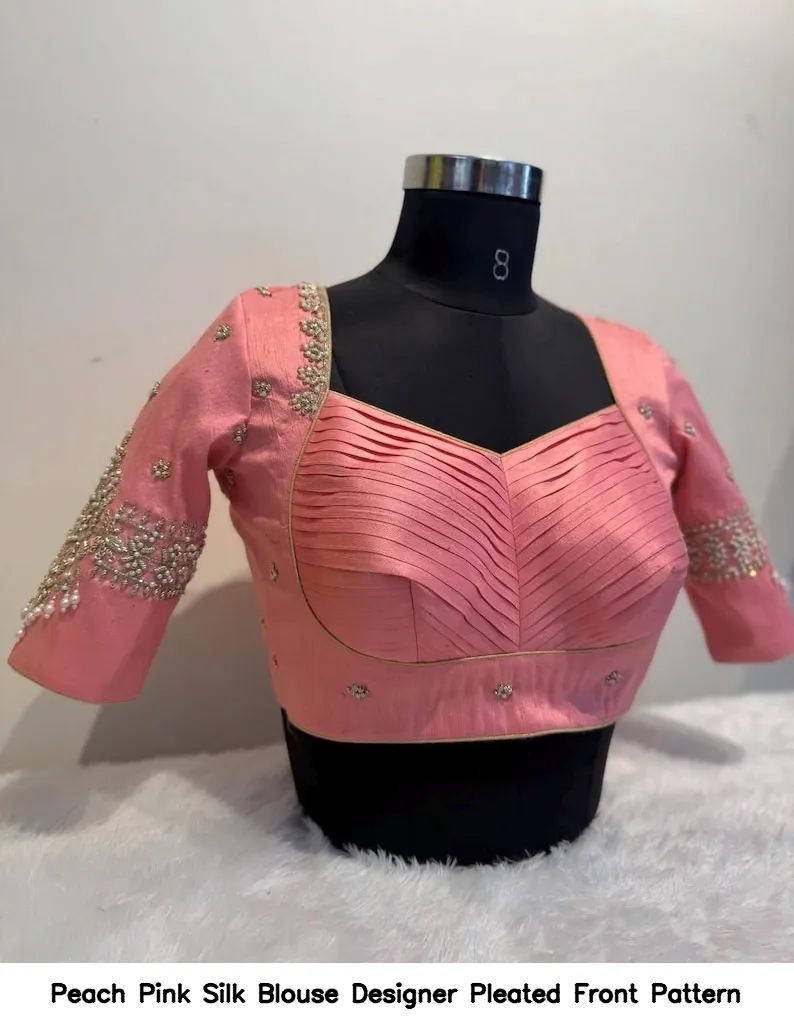 Peach Pink Silk Blouse – Designer Pleated Front Pattern