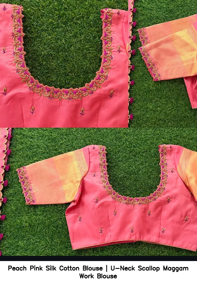 Peach Pink Silk Cotton Blouse | U-Neck Scallop Maggam Work Blouse