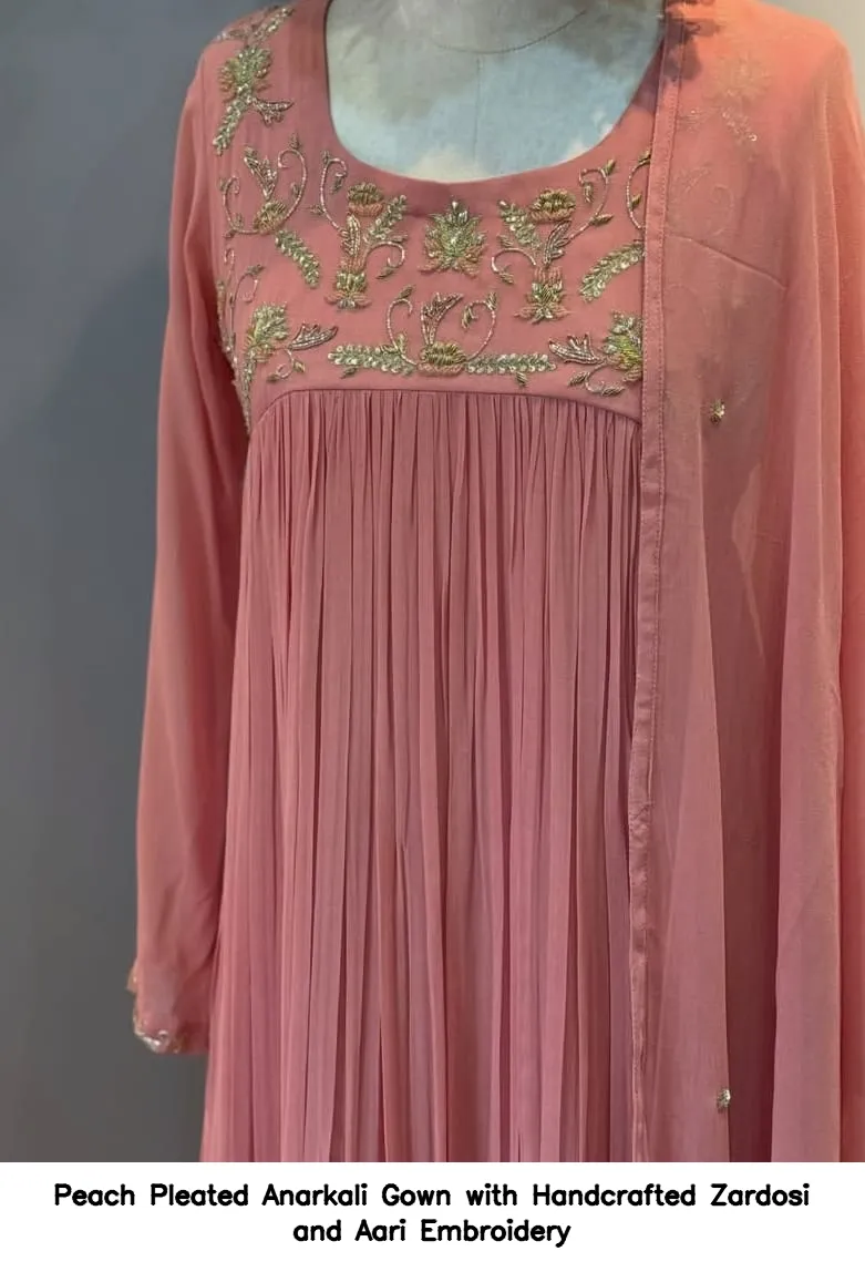 Peach Pleated Anarkali Gown with Handcrafted Zardosi and Aari Embroidery