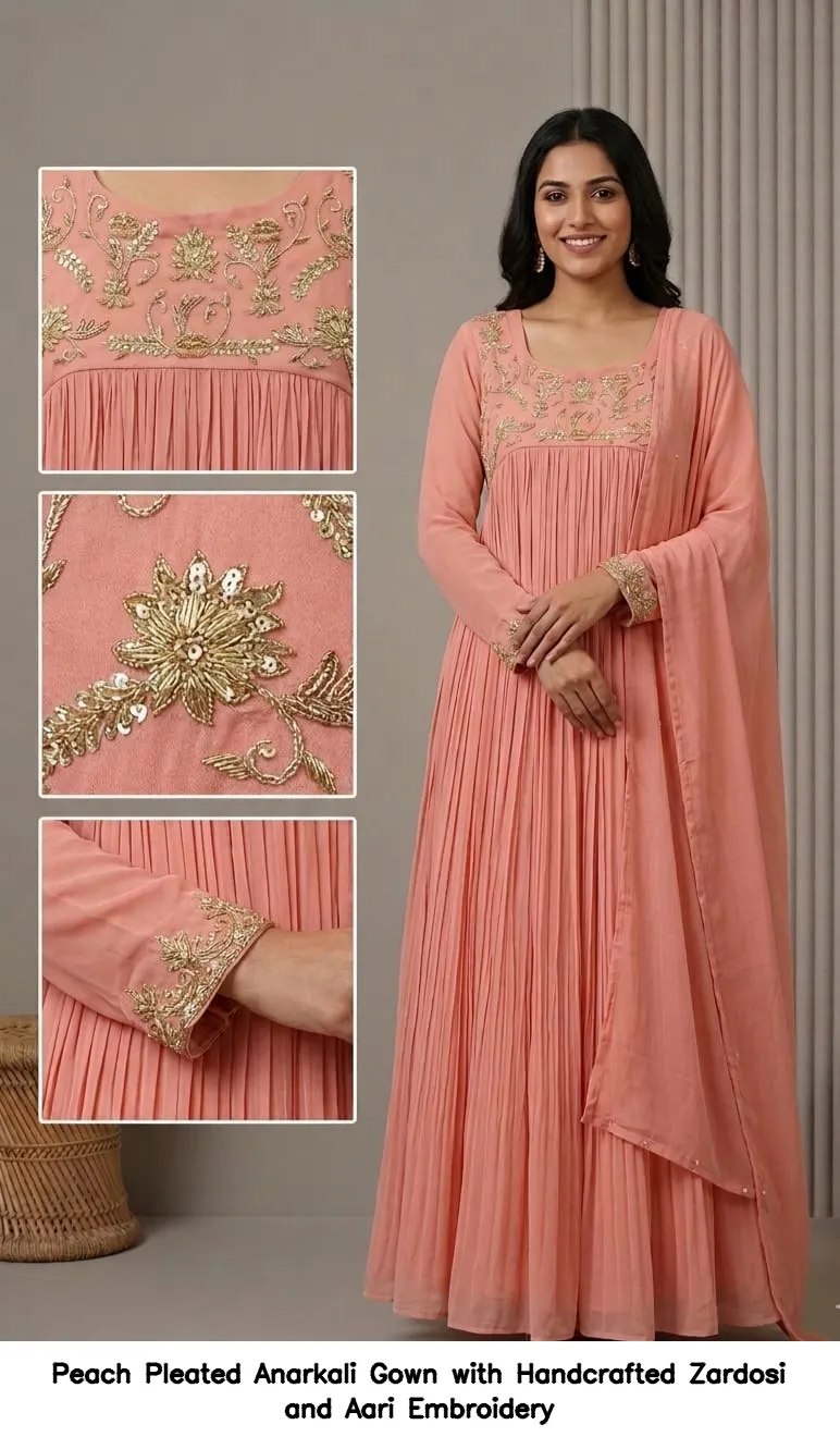 Peach Pleated Anarkali Gown with Handcrafted Zardosi and Aari Embroidery 2