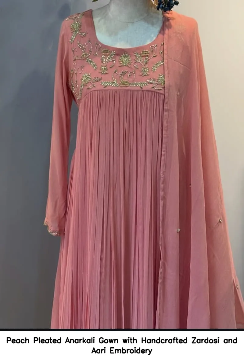 Peach Pleated Anarkali Gown with Handcrafted Zardosi and Aari Embroidery 3