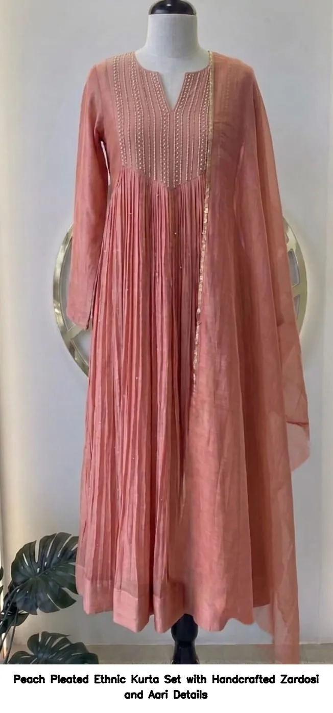 Peach Pleated Ethnic Kurta Set with Handcrafted Zardosi and Aari Details