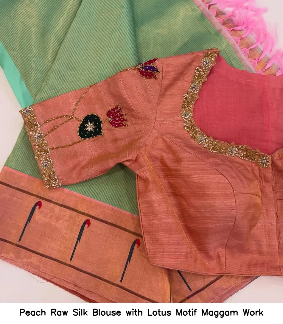 Peach Raw Silk Blouse with Lotus Motif Maggam Work