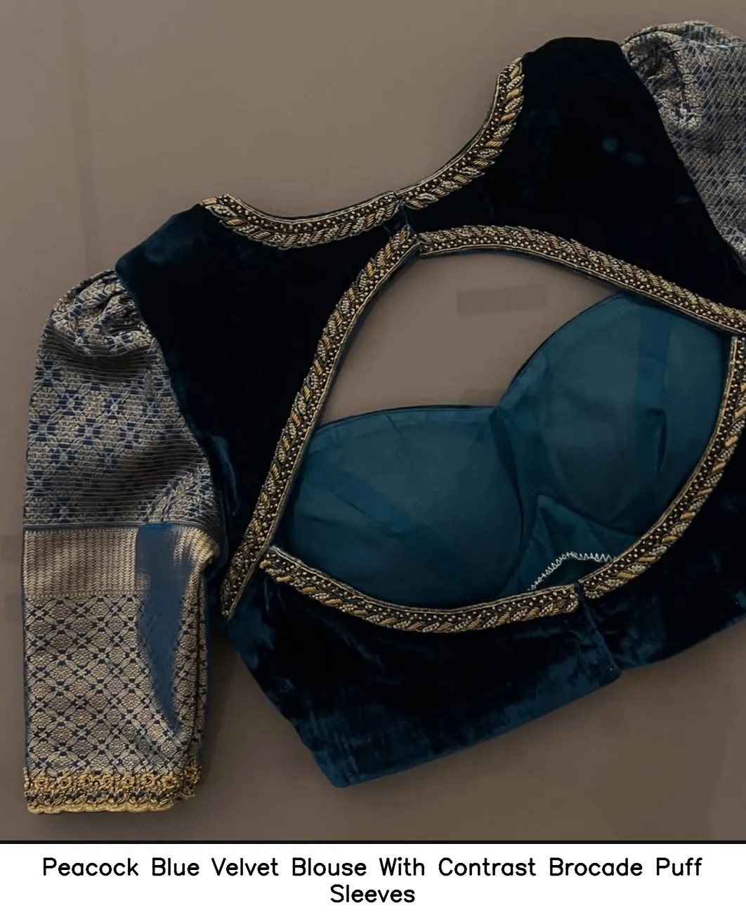 Peacock Blue Velvet Blouse With Contrast Brocade Puff Sleeves