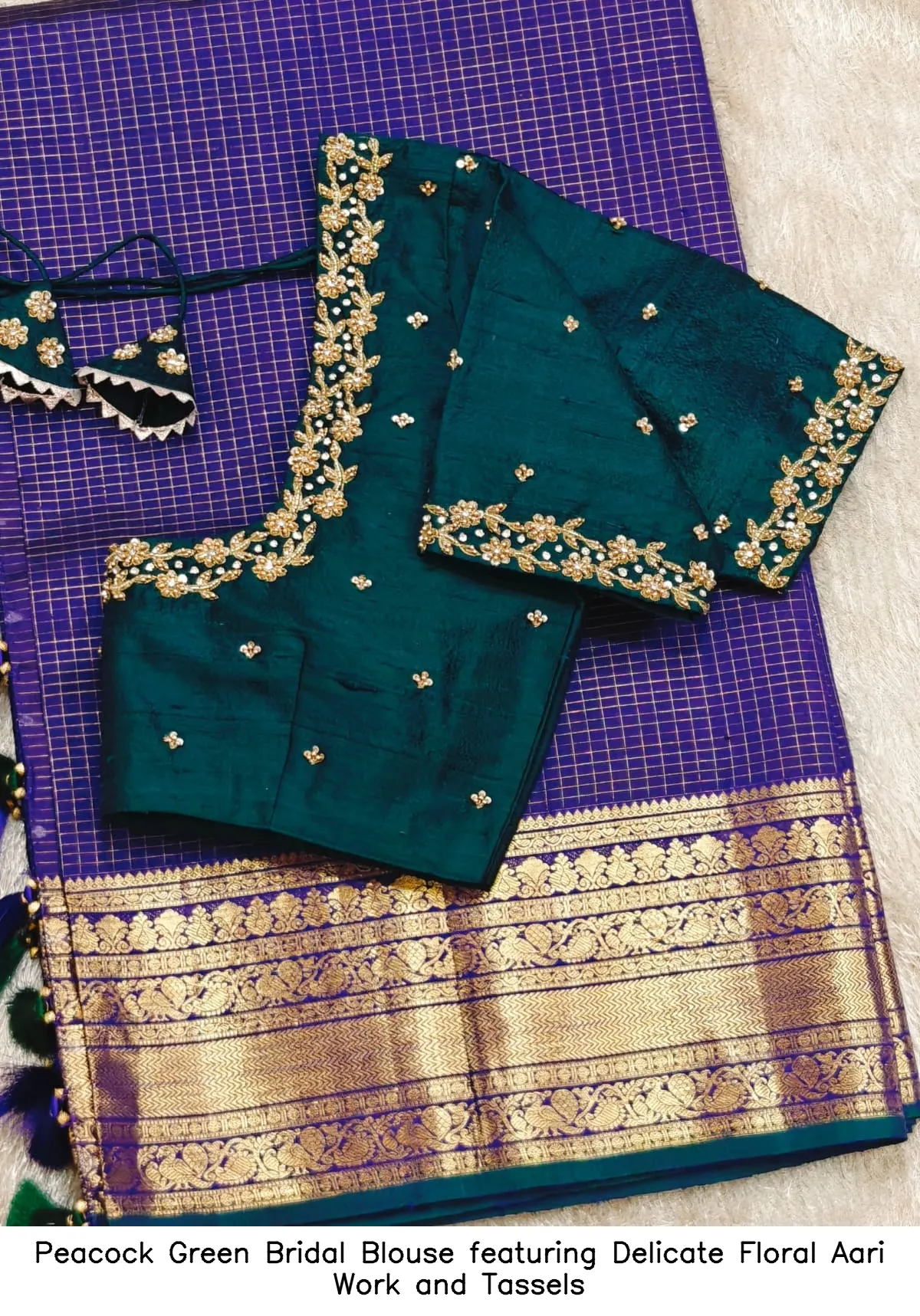 Peacock Green Bridal Blouse featuring Delicate Floral Aari Work and Tassels
