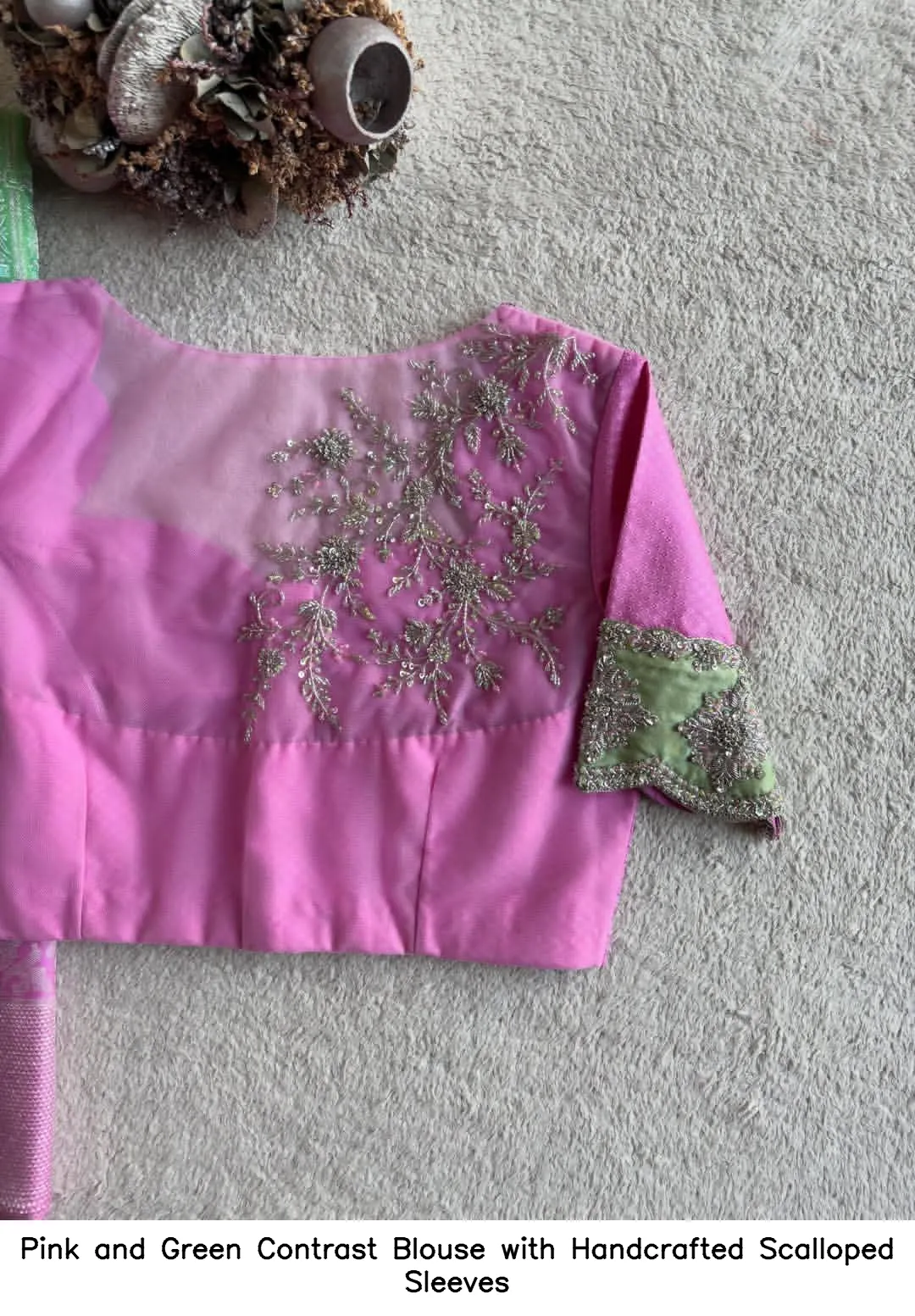 Pink and Green Contrast Blouse with Handcrafted Scalloped Sleeves