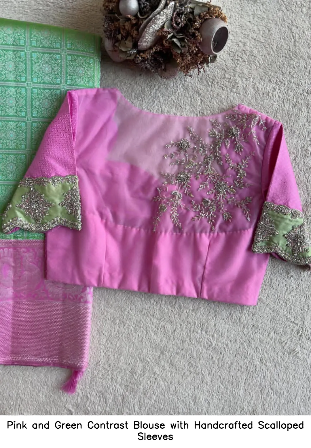 Pink and Green Contrast Blouse with Handcrafted Scalloped Sleeves