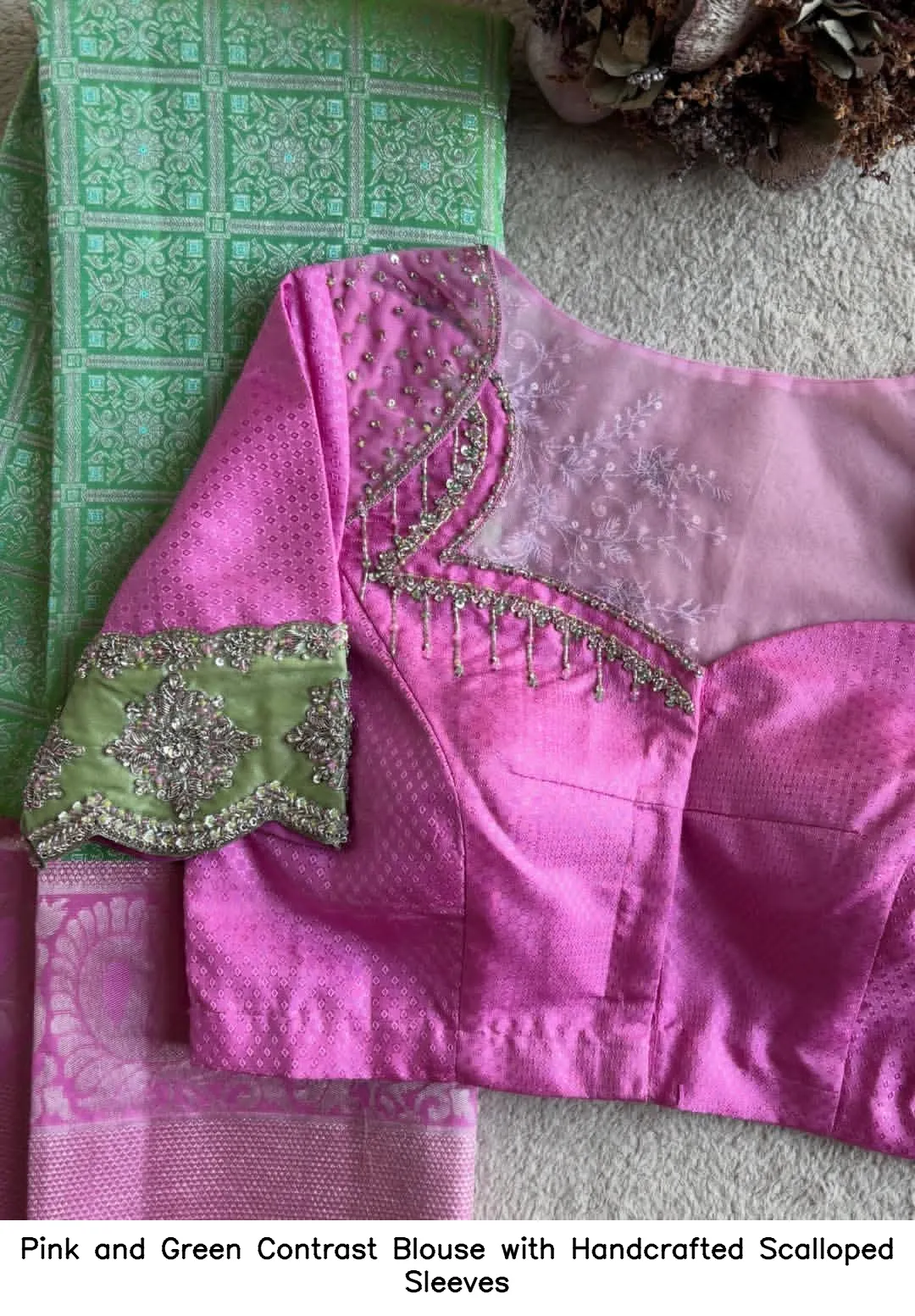 Pink and Green Contrast Blouse with Handcrafted Scalloped Sleeves