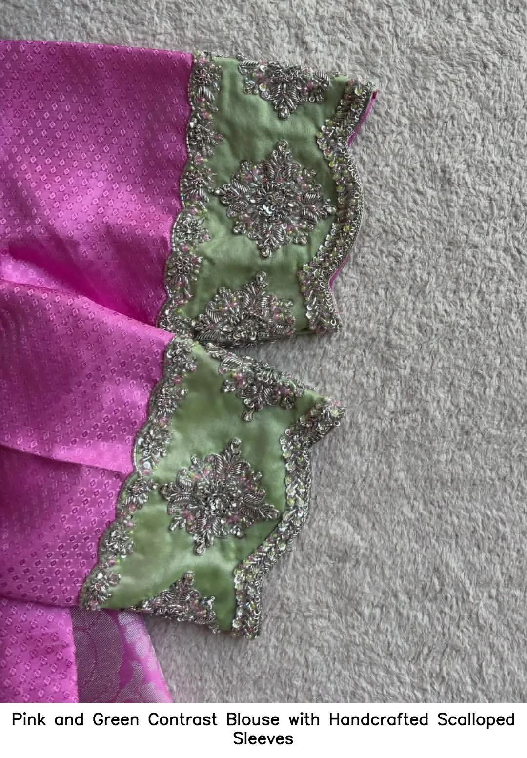 Pink and Green Contrast Blouse with Handcrafted Scalloped Sleeves