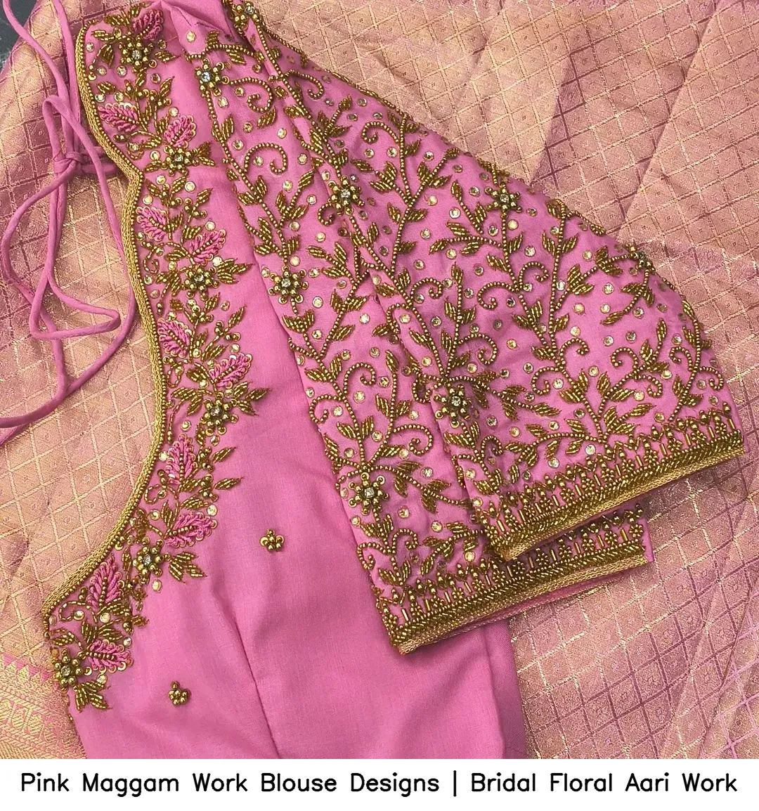 Pink Maggam Work Blouse Designs | Bridal Floral Aari Work