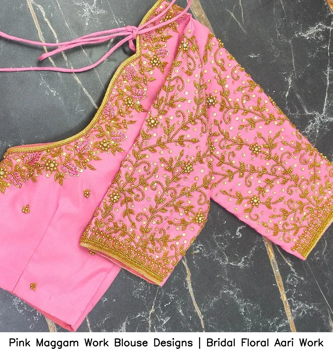 Pink Maggam Work Blouse Designs | Bridal Floral Aari Work