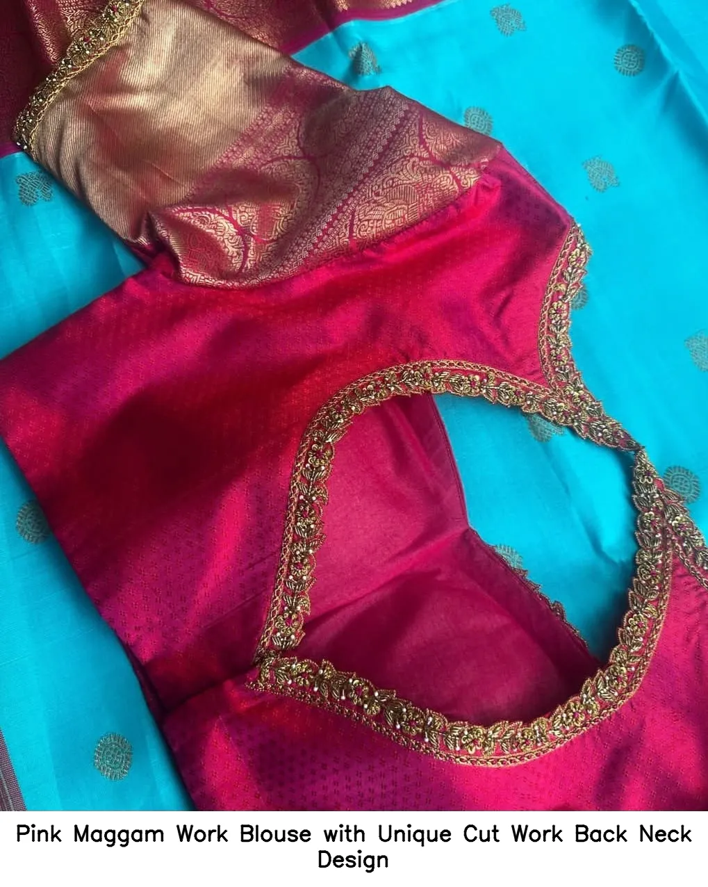 Pink Maggam Work Blouse with Unique Cut Work Back Neck Design