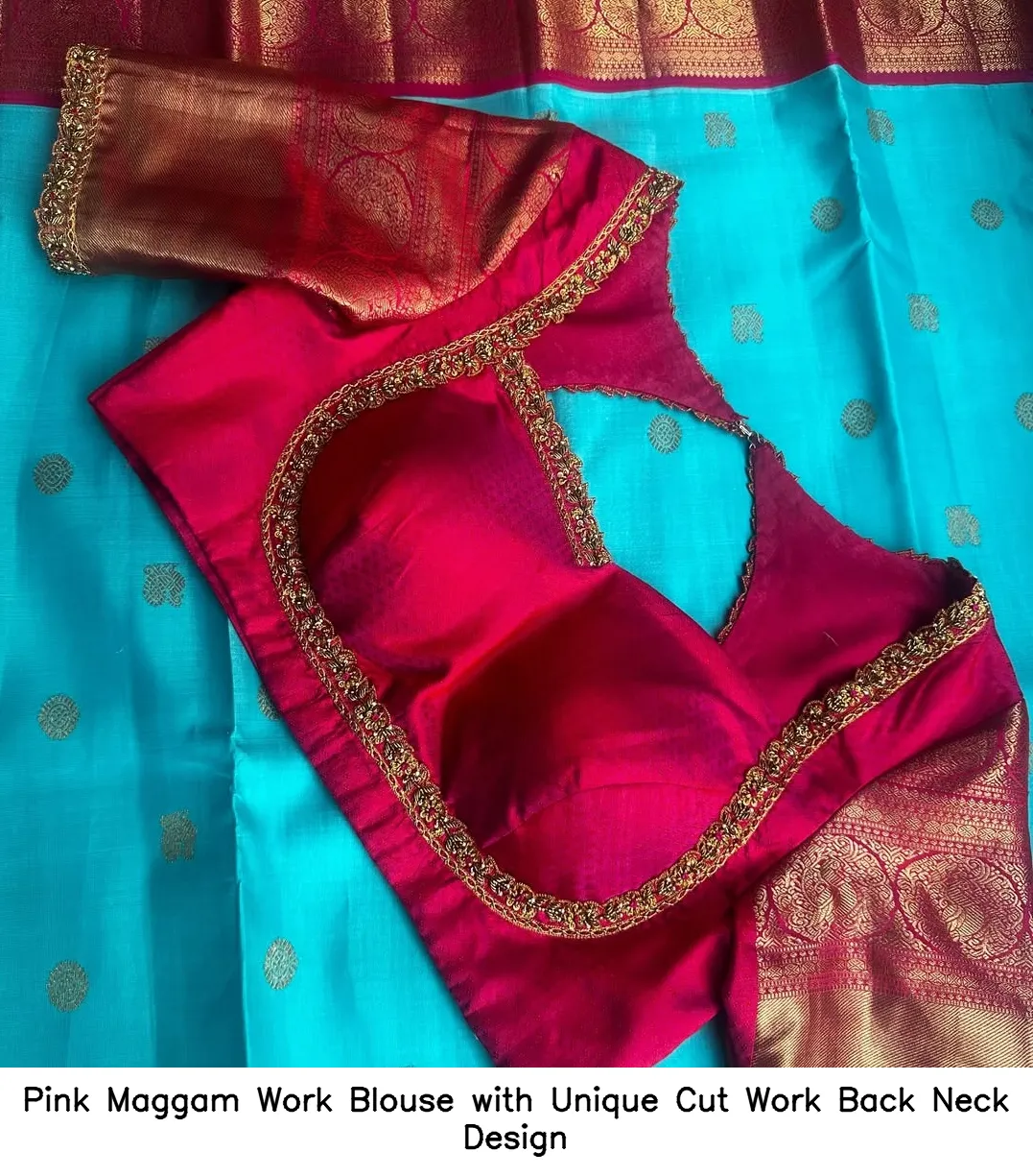 Pink Maggam Work Blouse with Unique Cut Work Back Neck Design