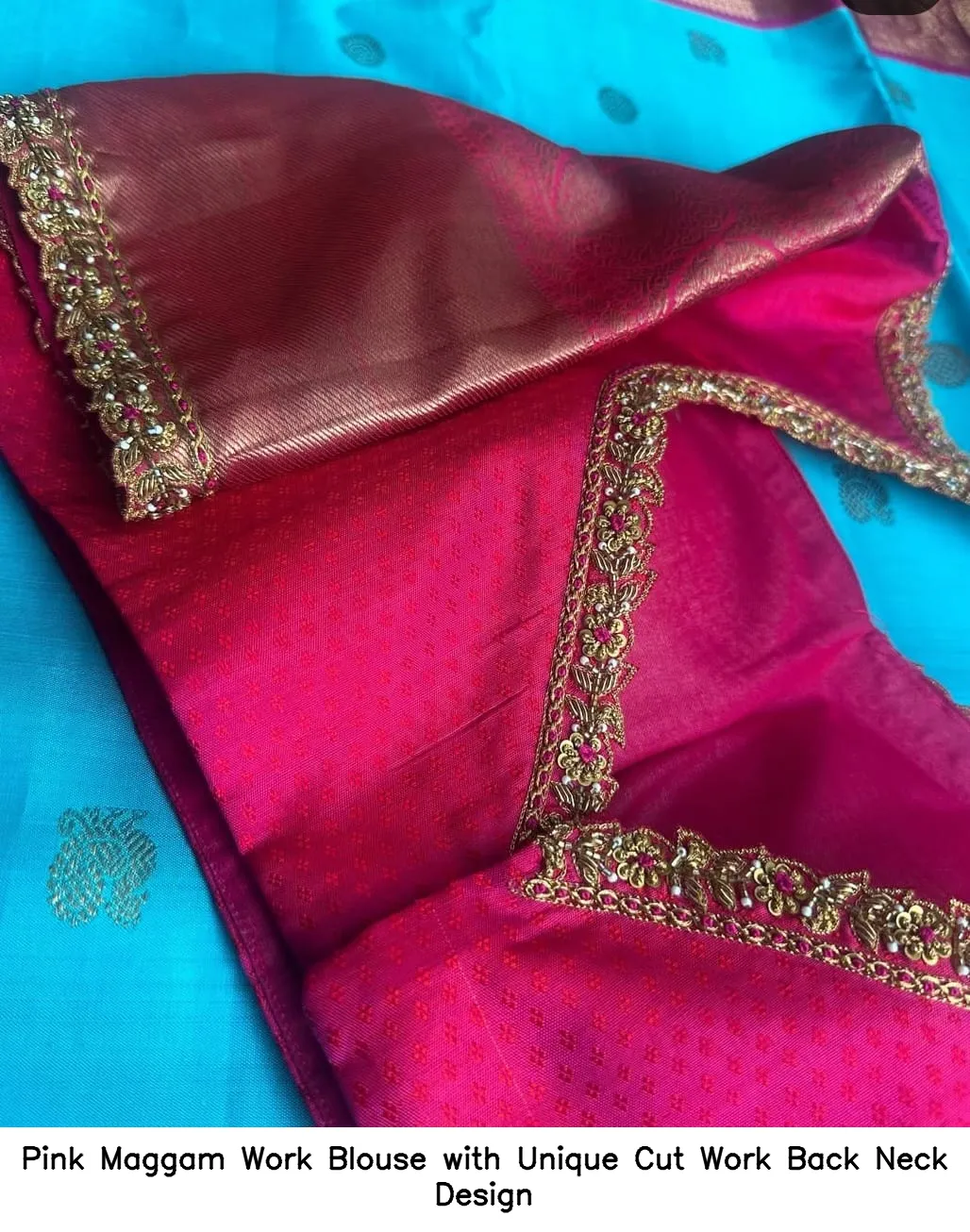 Pink Maggam Work Blouse with Unique Cut Work Back Neck Design