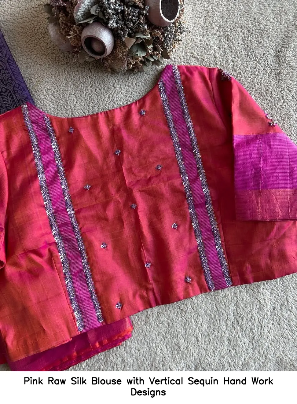 Pink Raw Silk Blouse with Vertical Sequin Hand Work Designs