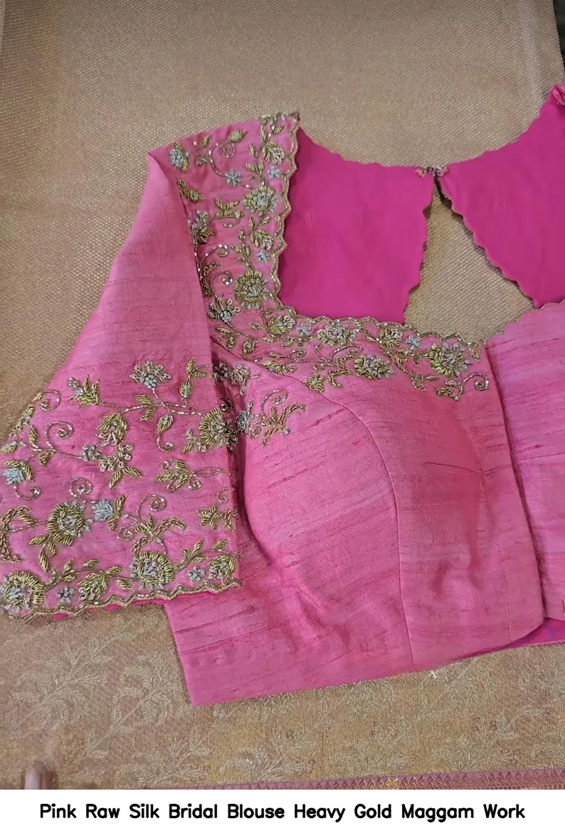 Pink Raw Silk Bridal Blouse – Heavy Gold Maggam Work