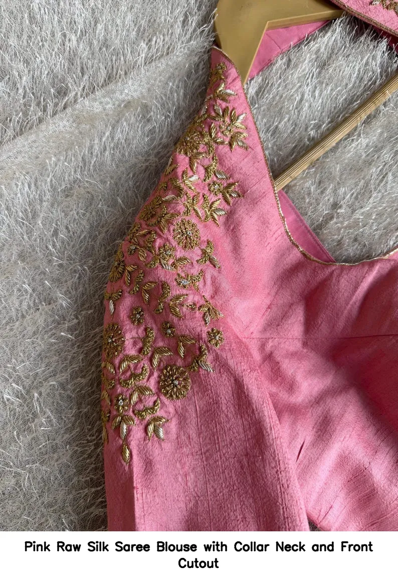 Pink Raw Silk Saree Blouse with Collar Neck and Front Cutout