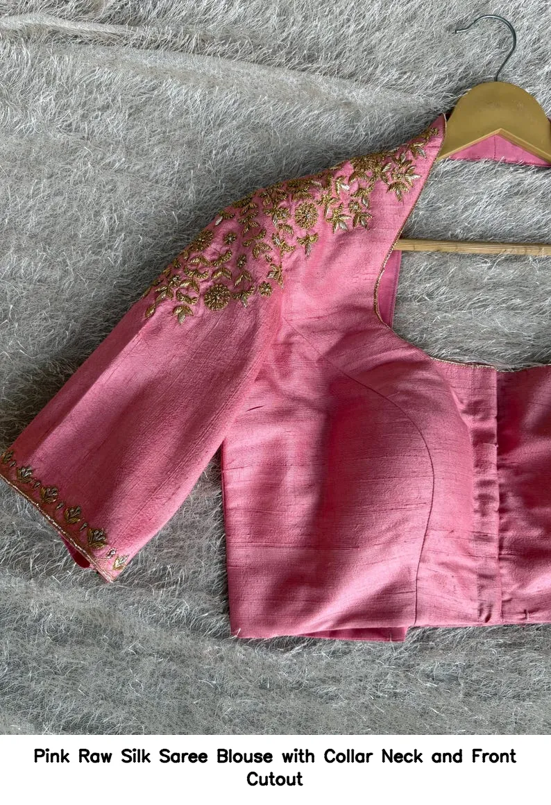 Pink Raw Silk Saree Blouse with Collar Neck and Front Cutout