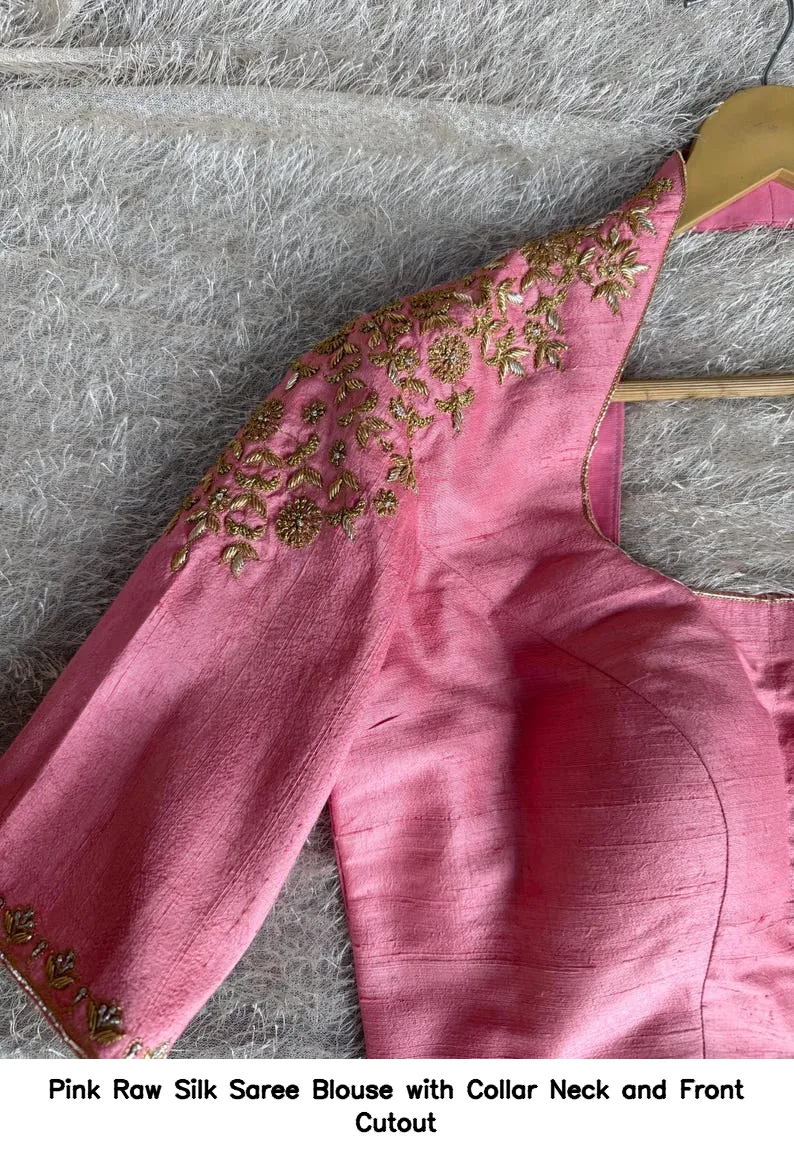 Pink Raw Silk Saree Blouse with Collar Neck and Front Cutout