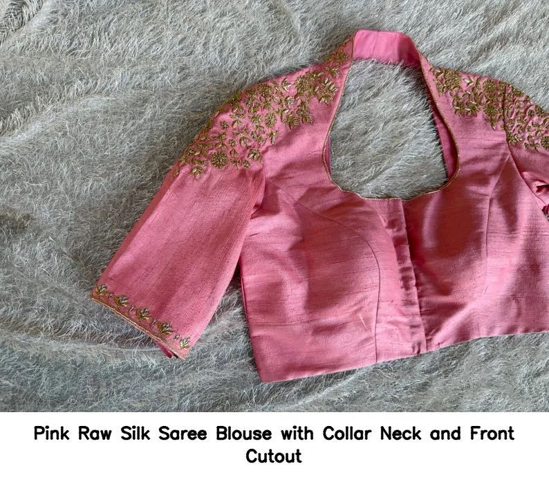 Pink Raw Silk Saree Blouse with Collar Neck and Front Cutout