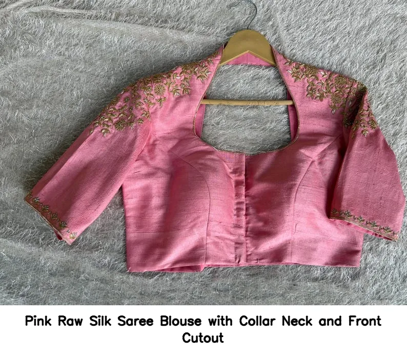 Pink Raw Silk Saree Blouse with Collar Neck and Front Cutout
