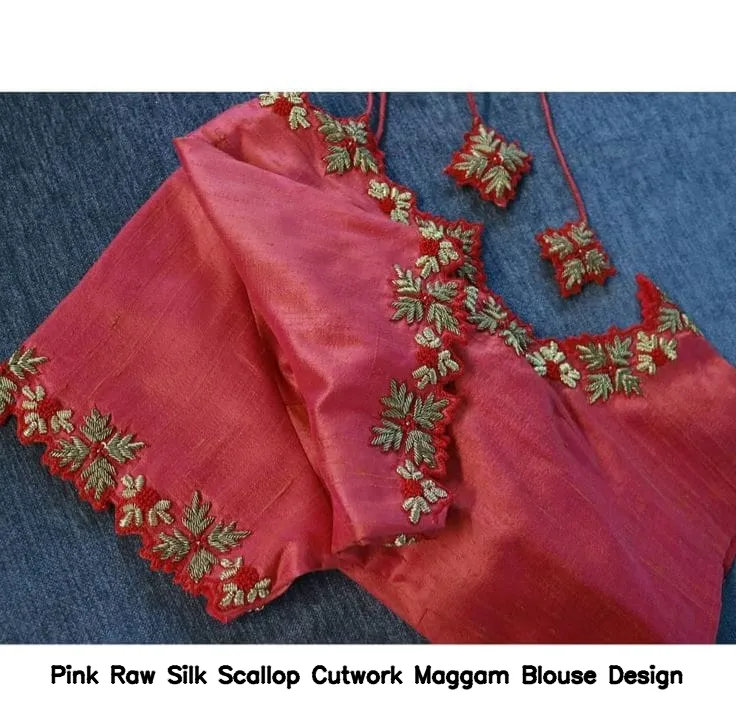 Pink Raw Silk Scallop Cutwork Maggam Blouse Design
