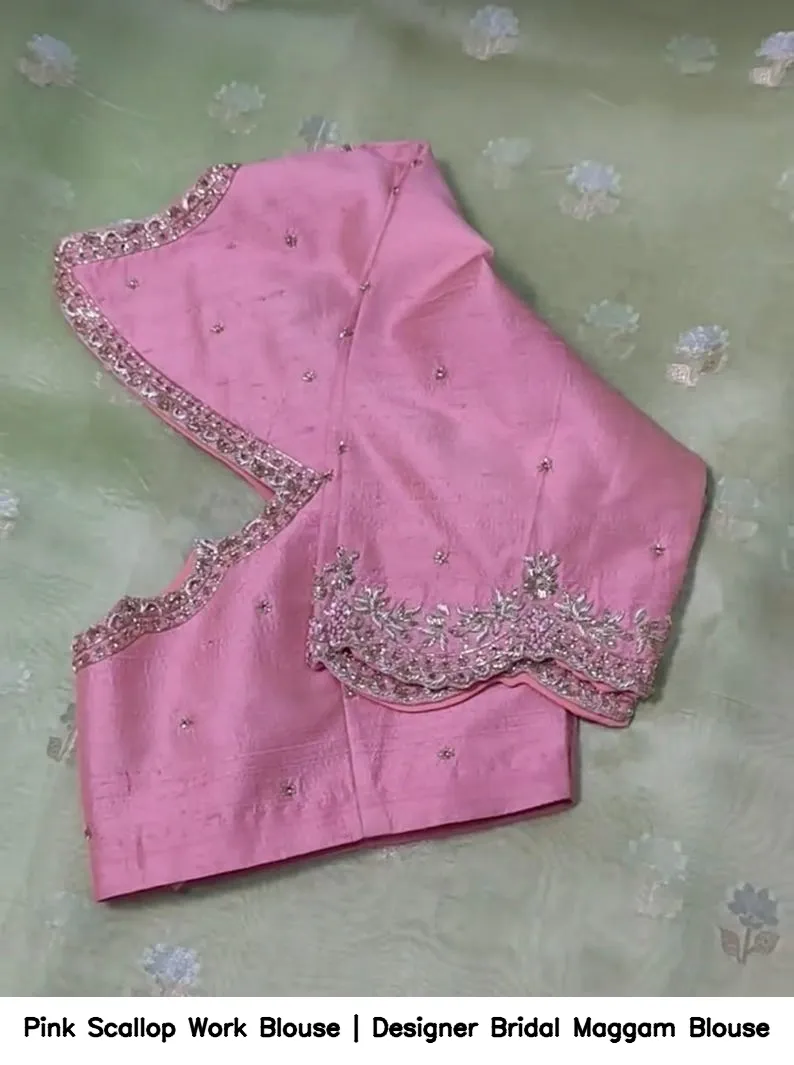 Pink Scallop Work Blouse | Designer Bridal Maggam Blouse