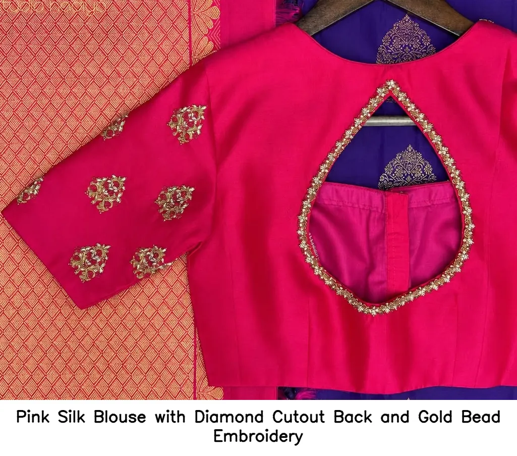 Pink Silk Blouse with Diamond Cutout Back and Gold Bead Embroidery