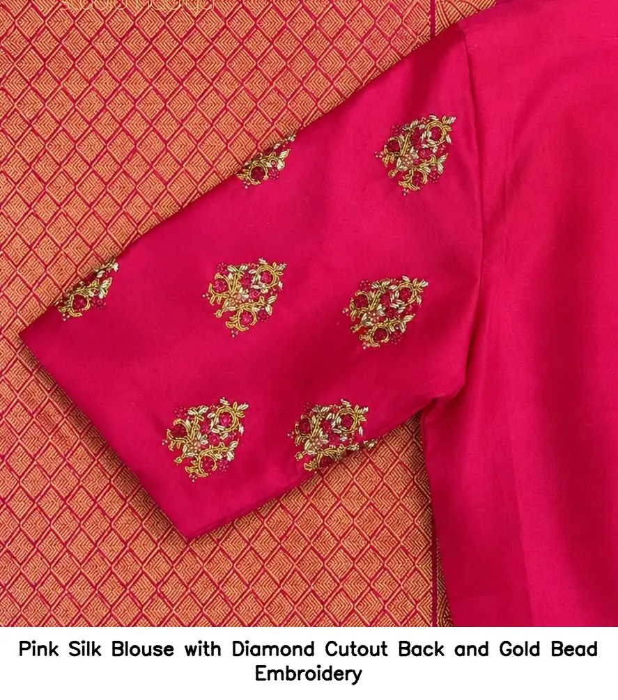 Pink Silk Blouse with Diamond Cutout Back and Gold Bead Embroidery