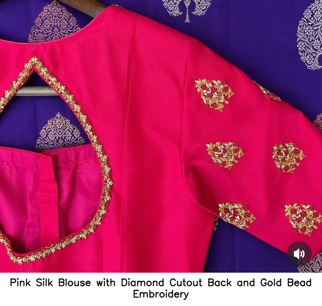 Pink Silk Blouse with Diamond Cutout Back and Gold Bead Embroidery