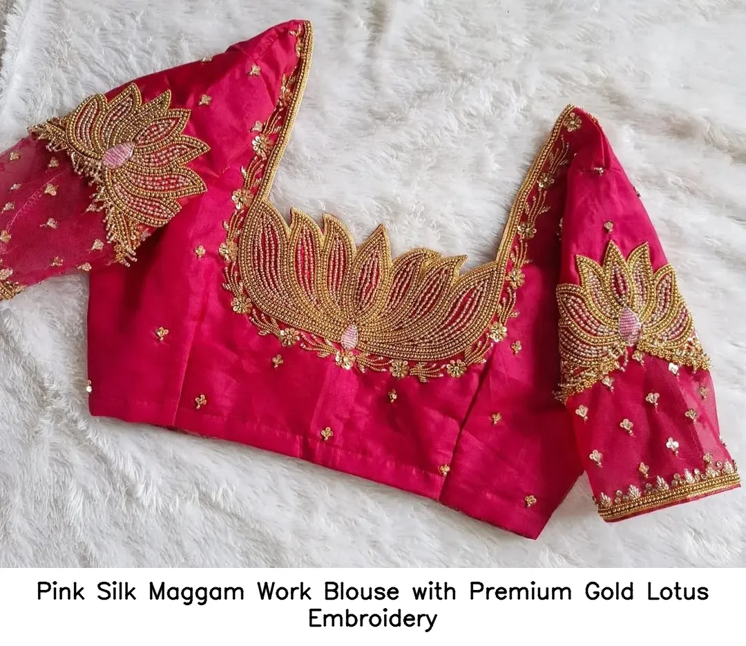 Pink Silk Maggam Work Blouse with Premium Gold Lotus Embroidery