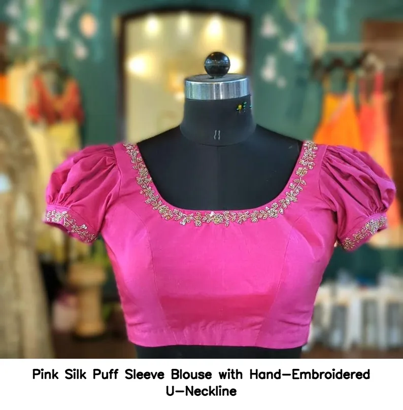 Pink Silk Puff Sleeve Blouse with Hand-Embroidered U-Neckline