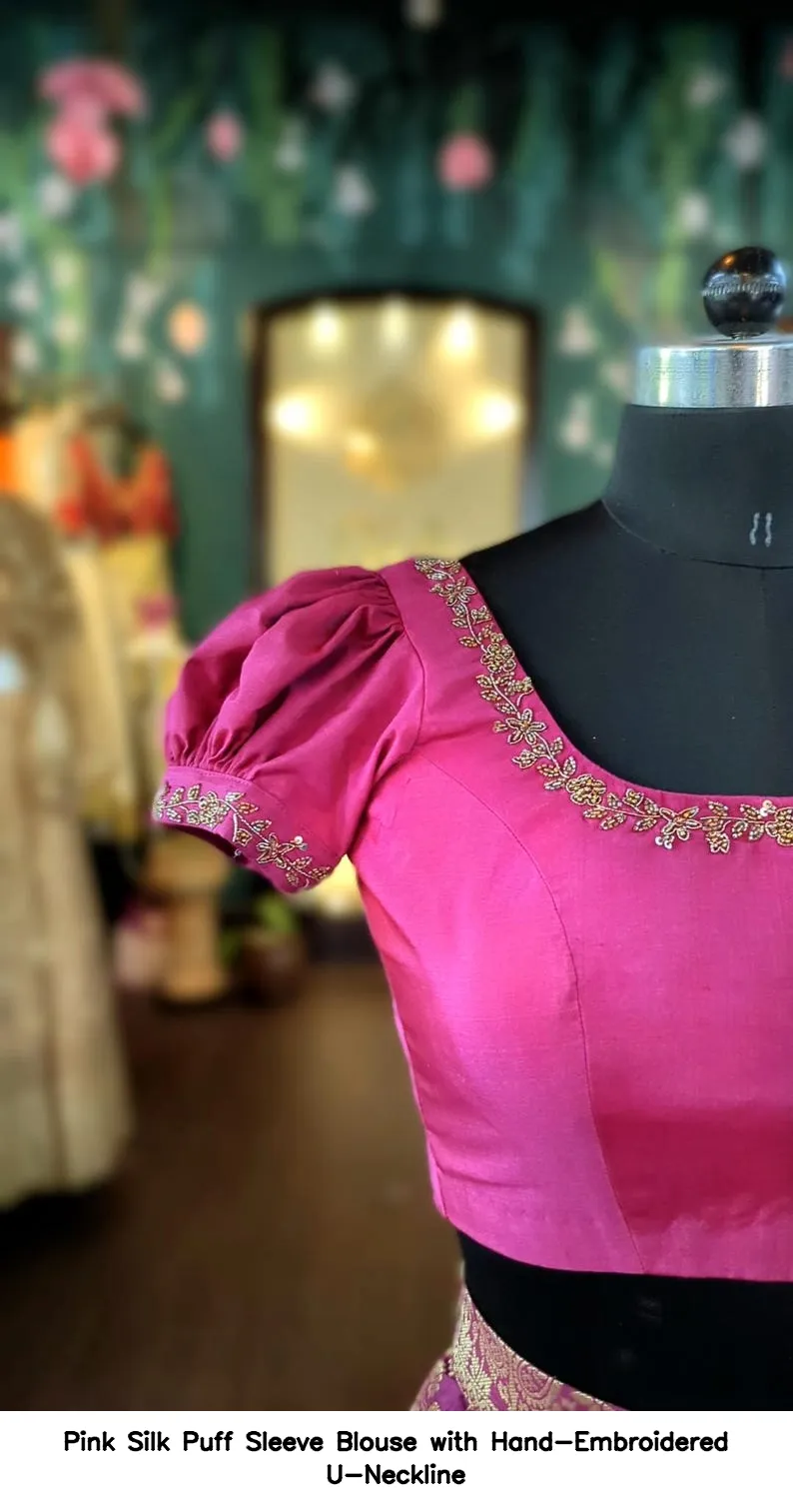 Pink Silk Puff Sleeve Blouse with Hand-Embroidered U-Neckline