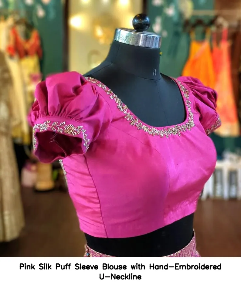Pink Silk Puff Sleeve Blouse with Hand-Embroidered U-Neckline