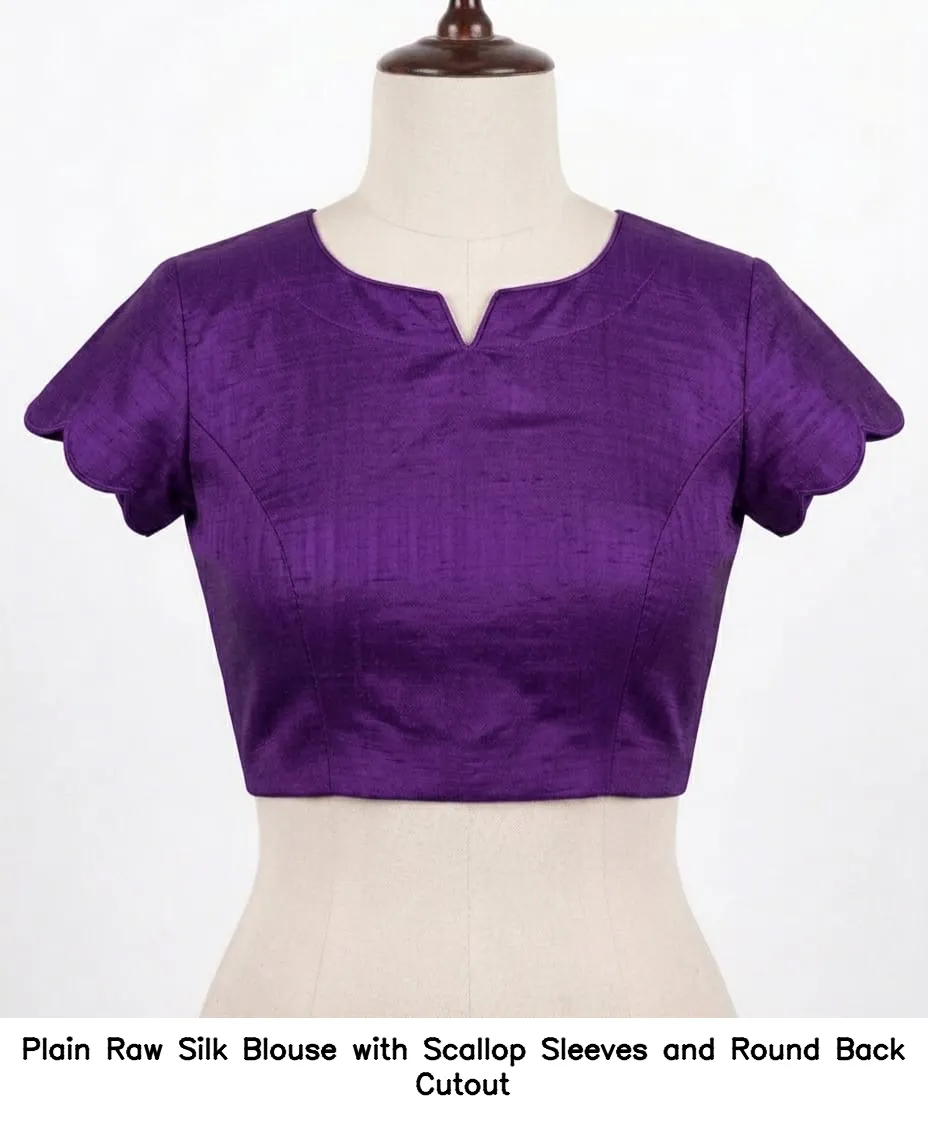Plain Raw Silk Blouse with Scallop Sleeves and Round Back Cutout