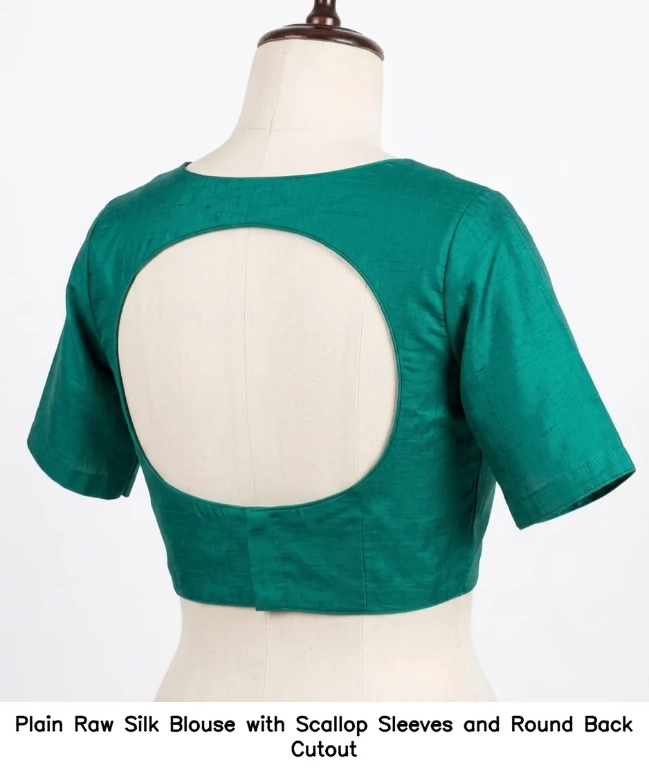 Plain Raw Silk Blouse with Scallop Sleeves and Round Back Cutout
