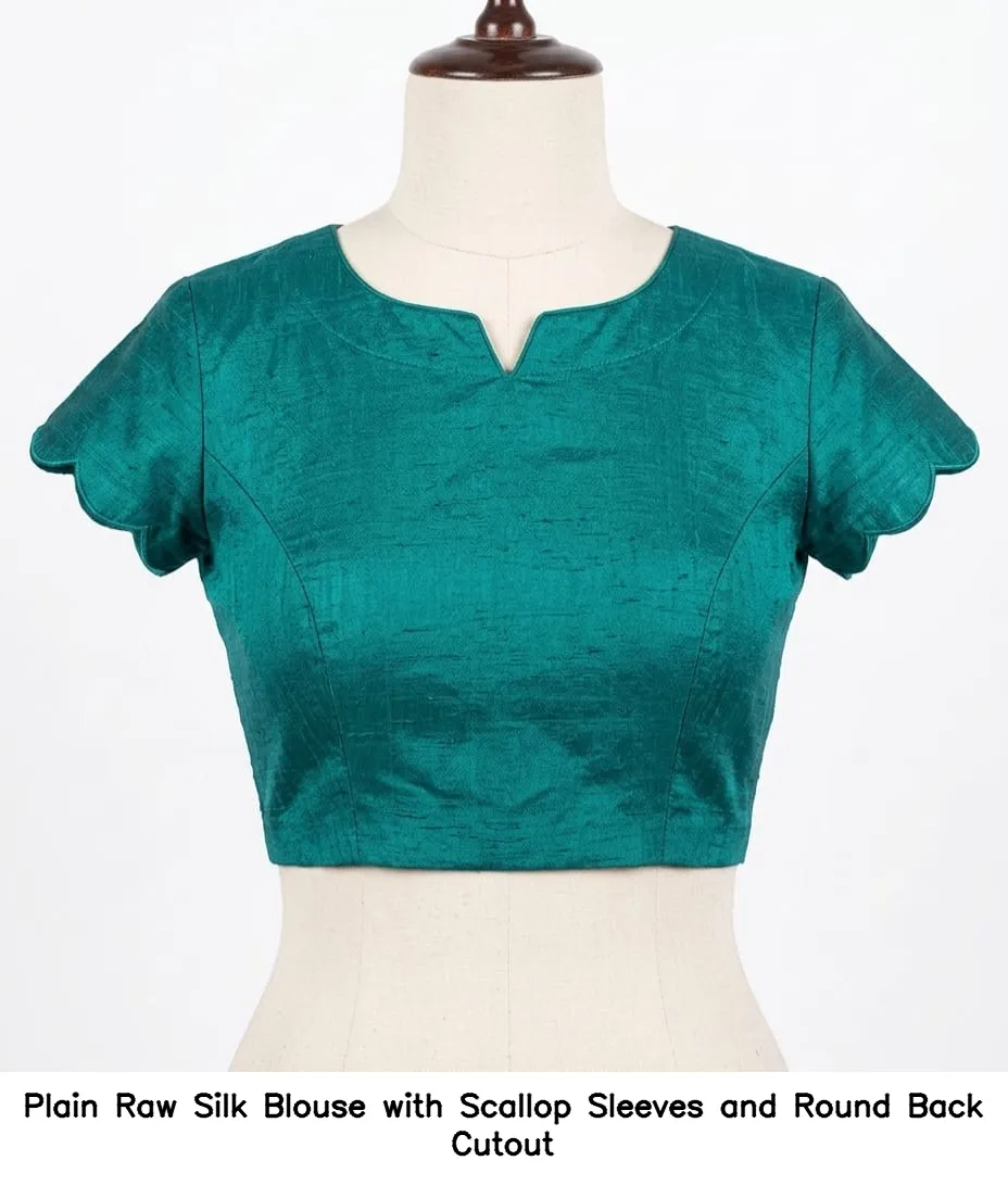 Plain Raw Silk Blouse with Scallop Sleeves and Round Back Cutout