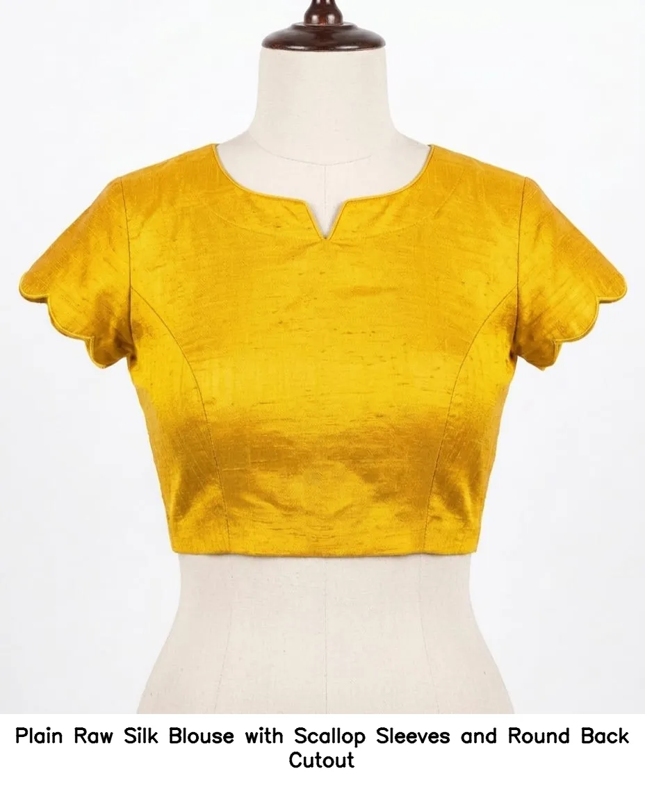 Plain Raw Silk Blouse with Scallop Sleeves and Round Back Cutout