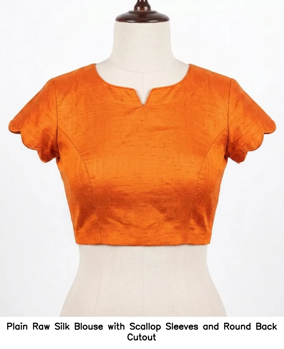Plain Raw Silk Blouse with Scallop Sleeves and Round Back Cutout