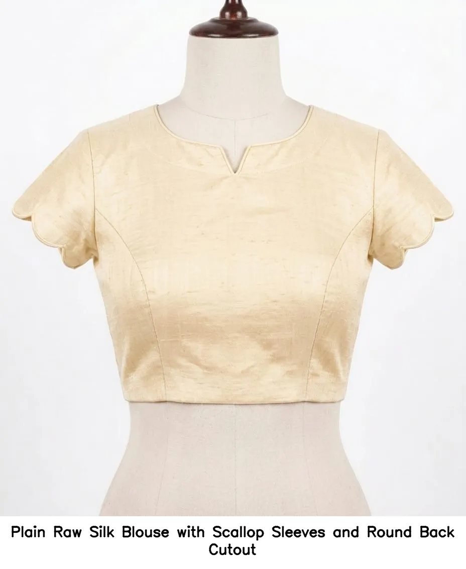 Plain Raw Silk Blouse with Scallop Sleeves and Round Back Cutout
