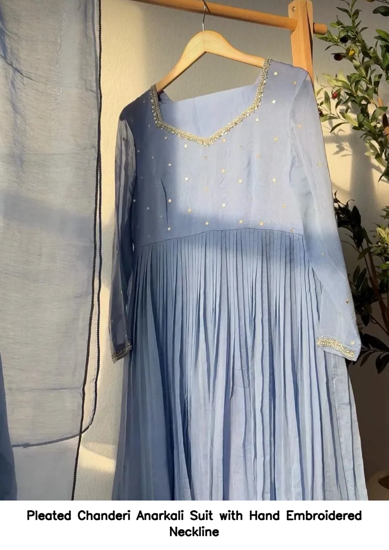 Pleated Chanderi Anarkali Suit with Hand Embroidered Neckline 11