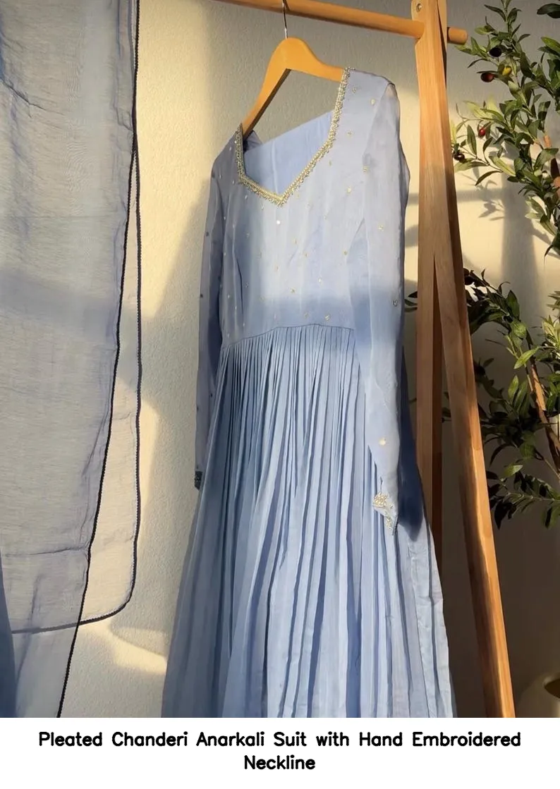 Pleated Chanderi Anarkali Suit with Hand Embroidered Neckline 13