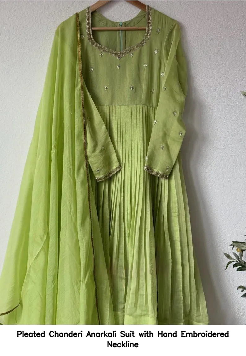 Pleated Chanderi Anarkali Suit with Hand Embroidered Neckline 15