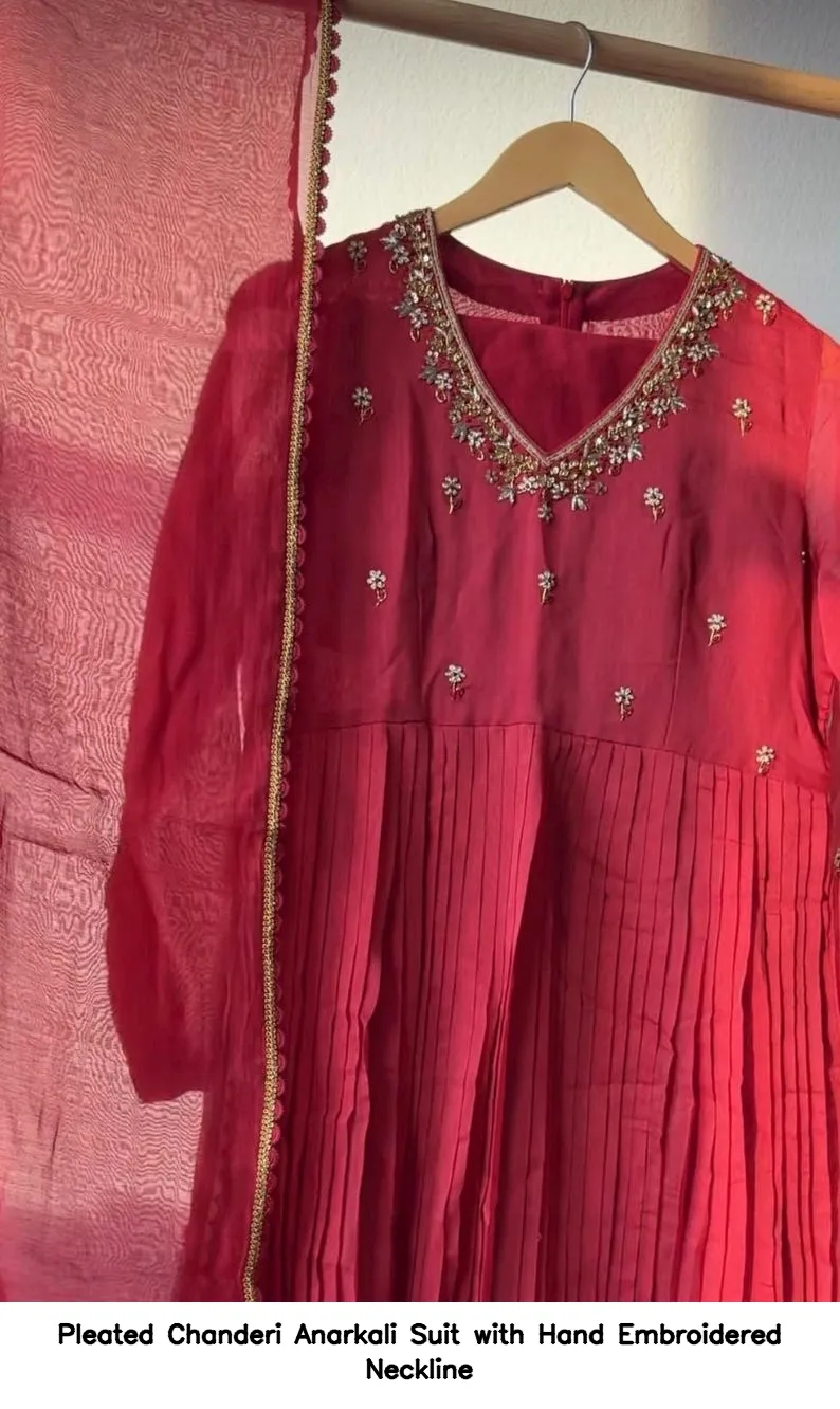 Pleated Chanderi Anarkali Suit with Hand Embroidered Neckline 2