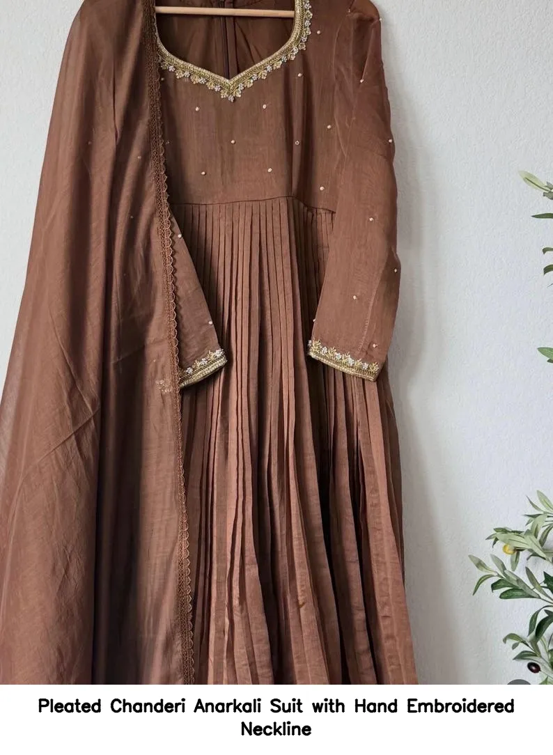 Pleated Chanderi Anarkali Suit with Hand Embroidered Neckline 21