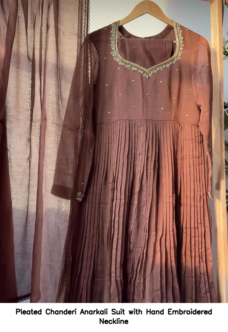 Pleated Chanderi Anarkali Suit with Hand Embroidered Neckline 22