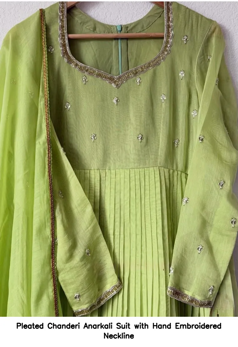 Pleated Chanderi Anarkali Suit with Hand Embroidered Neckline 3